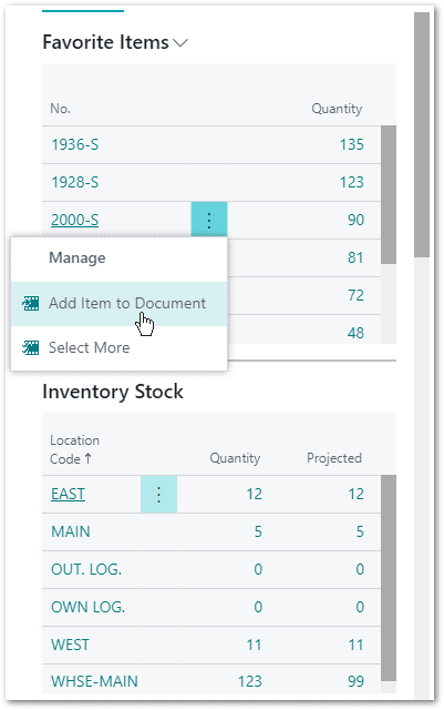 Factbox area of Business Central showing Customer Favorite Items, as well as another factbox showing stock per location for a sales line.