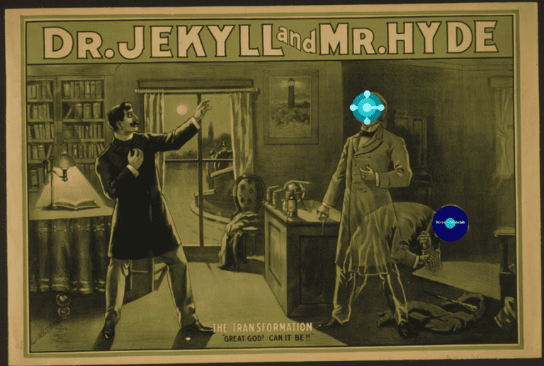 And old Poster of the Dr. Jekyll and Mr. Hyde play, showing a man being shocked by the transformation. Overlaid on the Doctor and Mister are the logos of Business Central and old Navision, respectively.