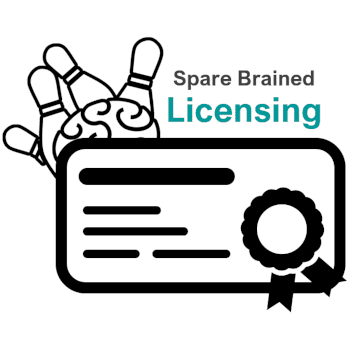 Spare Brained logo, with title "Spare Brained Licensing" and a graphic element looking like a License card with a ribbon
