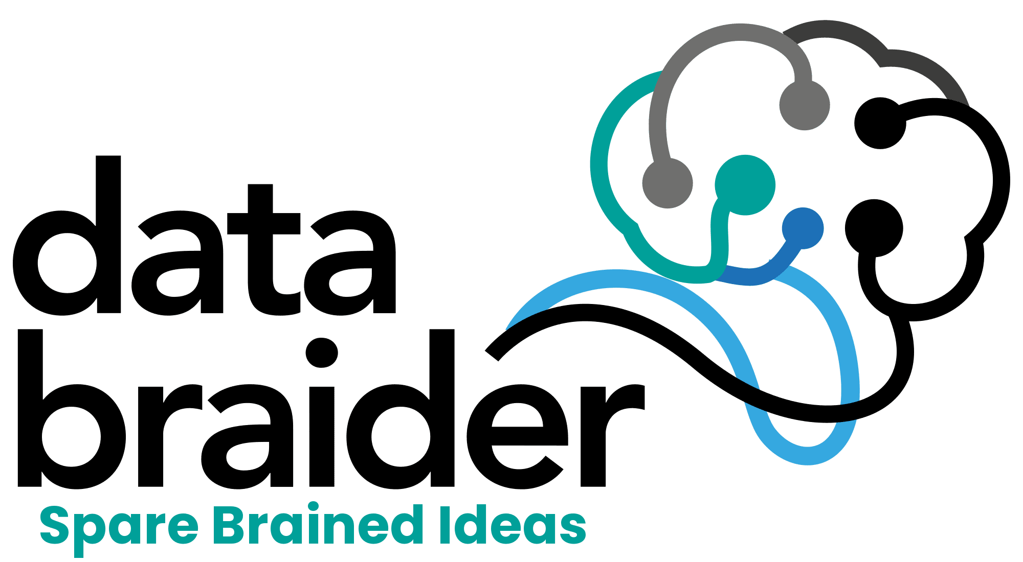 Logo for Data Braider, with a brain like shape made of connected nodes, flowing out to a pair of wires. Below the name is the company name, Spare Brained Ideas