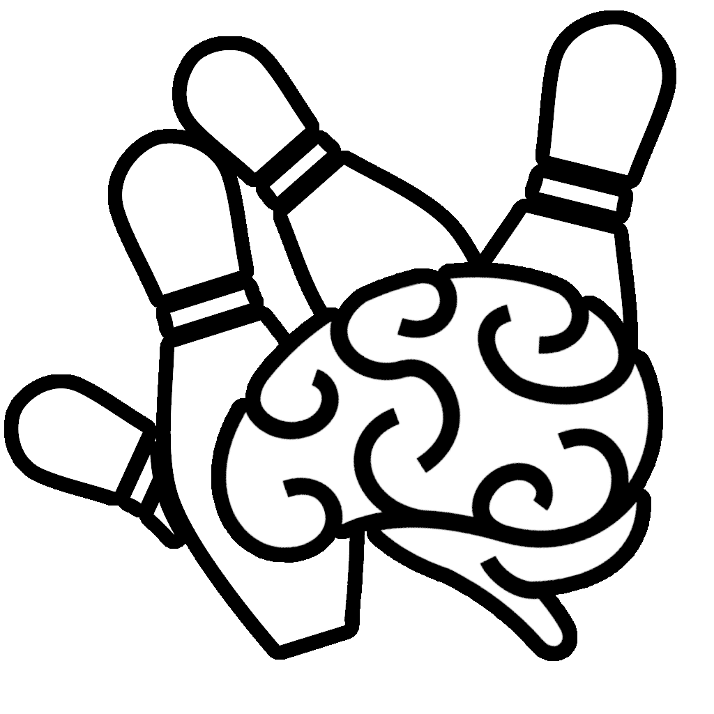 Spare Brained Ideas Logo, which is a brain knocking over 4 bowling pins